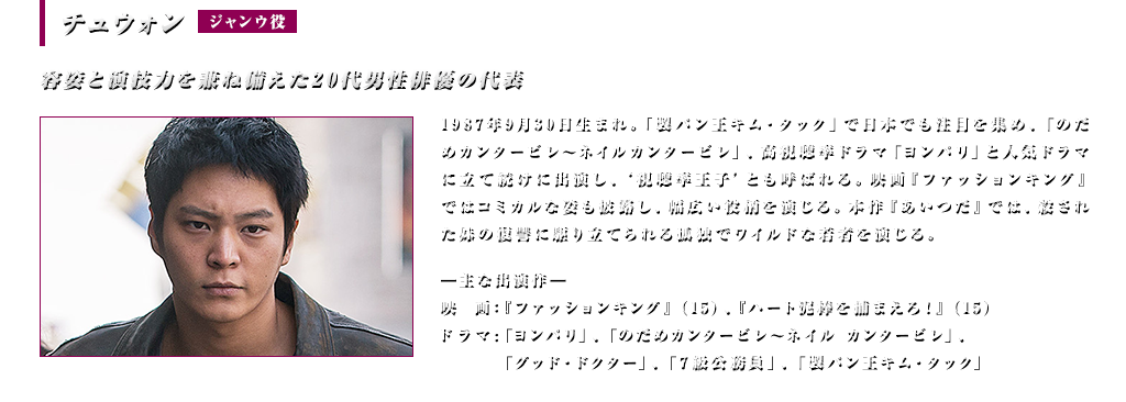 チュウォン(ジャンウ役）容姿と演技力を兼ね備えた20代男性俳優の代表　1987年9月30日生まれ。「製パン王キム・タック」で日本でも注目を集め、「のだめカンタービレ～ネイルカンタービレ」、高視聴率ドラマ「ヨンパリ」と人気ドラマに立て続けに出演し、‘視聴率王子’とも呼ばれる。映画『ファッションキング』ではコミカルな姿も披露し、幅広い役柄を演じる。本作『あいつだ』では、殺された妹の復讐に駆り立てられる孤独でワイルドな若者を演じる。＜主な出演作＞映画：『ファッションキング』（15）、『ハート泥棒を捕まえろ！』（15）ドラマ:「ヨンパリ」、「のだめカンタービレ～ネイル カンタービレ」、「グッド・ドクター」、「７級公務員」、「製パン王キム・タック」