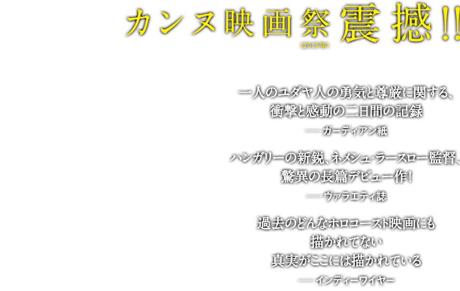 カンヌ映画祭(2015)震撼!！一人のユダヤ人の勇気と感動の二日間の記録―ガーディアン紙　ハンガリー新鋭、ネメシュ・ラースロー監督、驚異の長篇デビュー作!―ヴィアエティ誌　過去のどんなホロコースト映画にも描かれてない真実がここには描かれている―インディーワイヤー